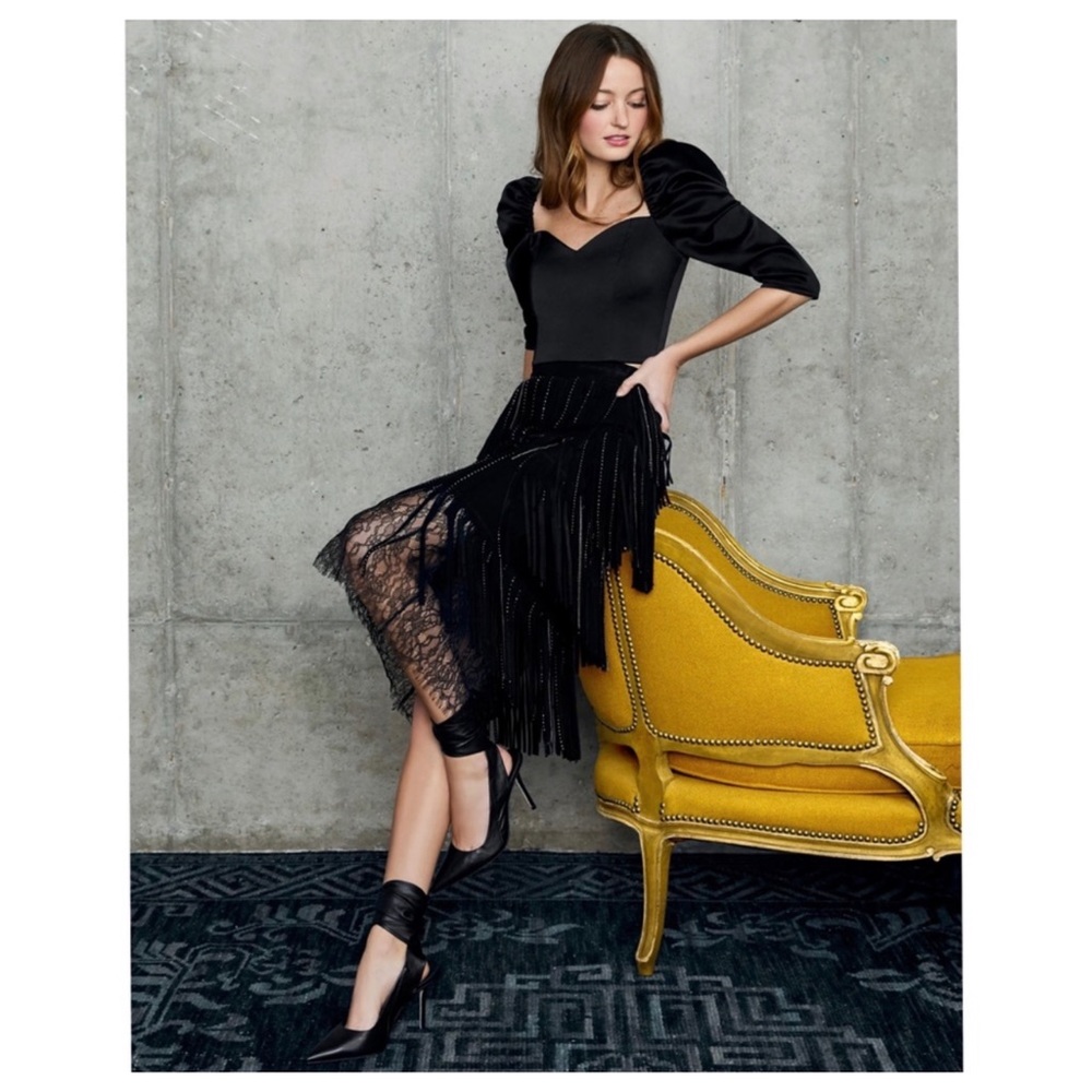 ALICE + OLIVIA Misha Suede Fringe Midi Skirt - Picture 2 of 13